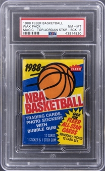 1988 Fleer Basketball Sealed Wax Pack Including Magic Johnson On Top/Michael Jordan Sticker On Bottom - PSA NM-MT 8